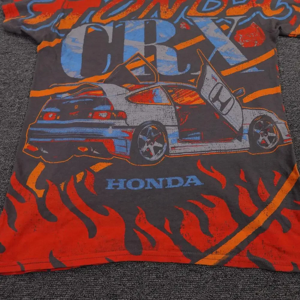 Honda CRX Shirt Mens Small Gray All Over Flames Racing Graphic Tee Double Sided